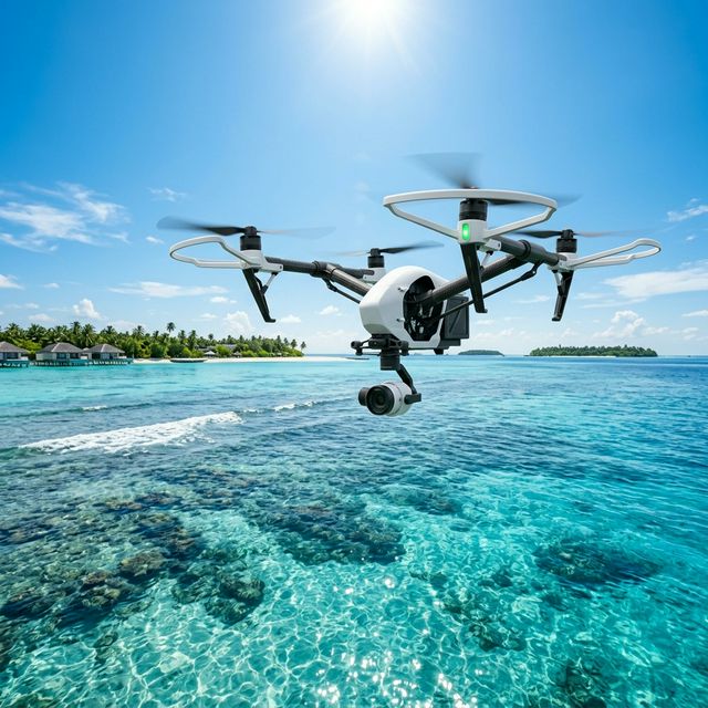 Drone moderno branco sobre o oceano
